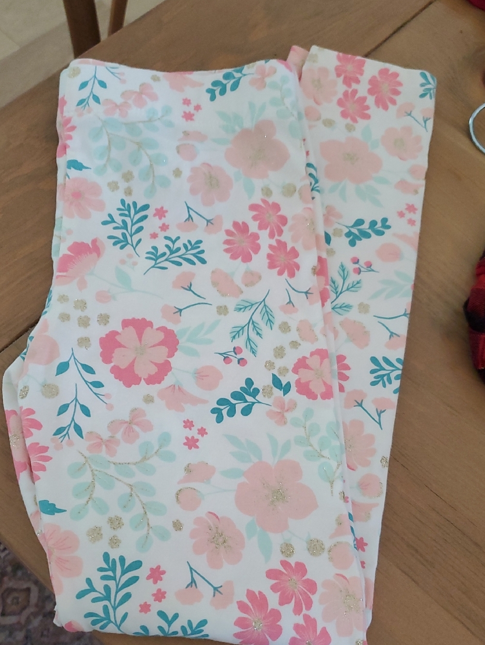 Girls White Floral Print Leggings - Soft Pink & Teal